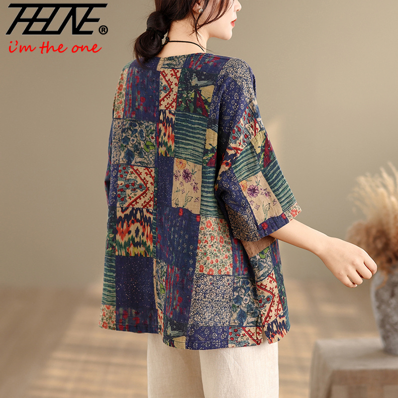 THHONE Blus Wanita Musim Panas - Vintage Fashion Fabrics ulasan dan harga